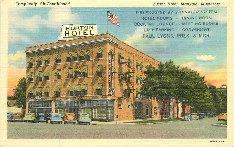 Burton Hotel roadside Mankato Minnesota 1940s Postcard Flag Teich 20-12012