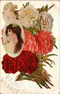 Best Wishes Woman and Flowers Vintage Postcard PC115