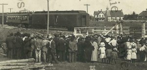 McGregor MINNESOTA RPPC '13 FIRST TRAIN Railroad Crowd nr Aitkin Wright Tamarack