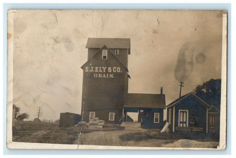 1909 Ely Co. Grain Store Railroad Minerva Illinois IL RPPC Photo Posted Postcard