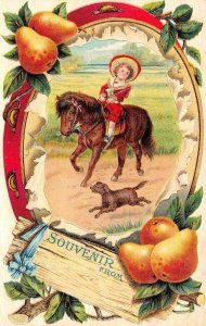 Souvenir From ??  LITTLE GIRL~PONY~DOG Tambourine Framed  1909 Embossed Postcard