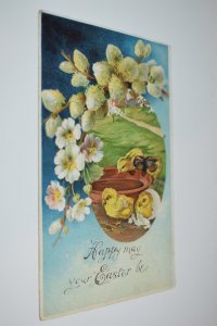 Happy May Your Easter Be Chicks White Flowers Embossed Postcard Germany