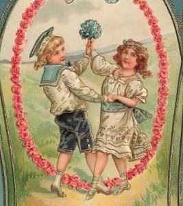 c1910 Boy Girl Dancing Bouquet Flowers Embossed Germany Easter P355 