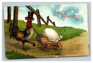 Vintage 1910's Fantasy Easter Postcard Rooster in Tophat Walks Egg in Stroller