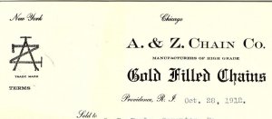 1912 A & Z CHAIN CO PROVIDENCE RHODE ISLAND GOLD JEWELRY BILLHEAD INVOICE Z2286