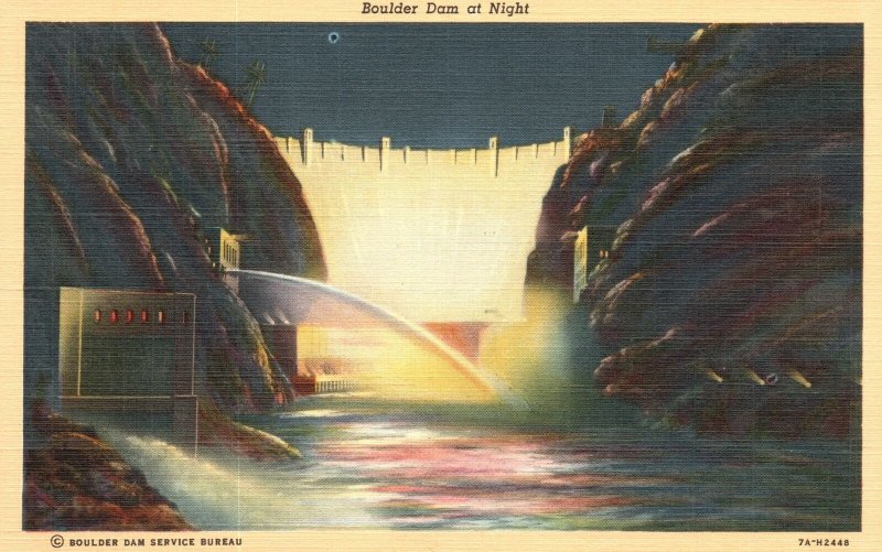 Nevada-NV, Boulder Dam at Night Highest in the World, Vintage Postcard