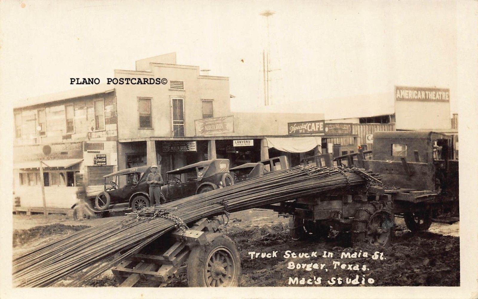 Texas, "Main Street, Truck Stuck in the Mud" Rppc Real Photo