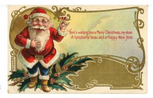 Greeting - Christmas. Santa Claus in Coat & Blue Pants