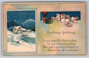 Christmas Greetings, Rhyme, Presents, Snowy Rural Night Scene, Vintage Postcard