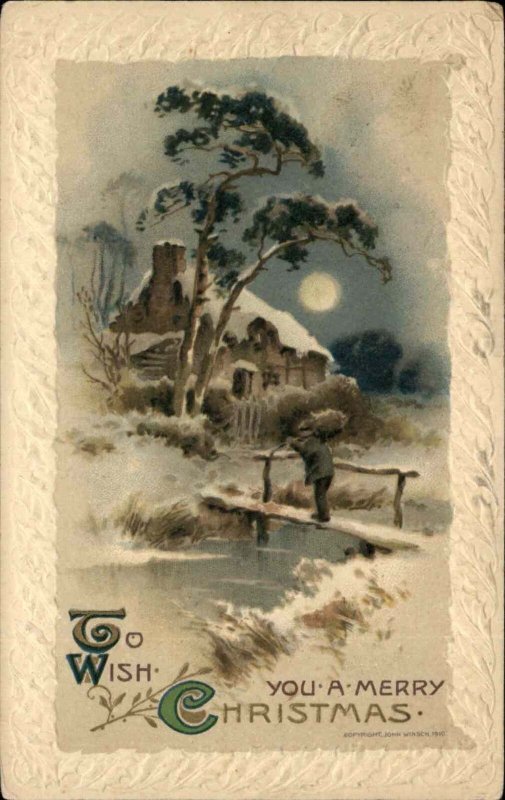 Winsch Christmas Winter Scene at Night Full Moon c1910 Postcard