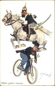 Soldier Hun Helmet on Horse Jumps Bicycle BKWI 441 c1910 Postcard