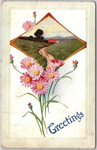 1909 Greetings Flower Bouquet Landscape Posted Postcard