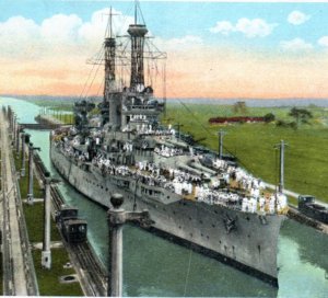 WWI USS Texas Battleship Navy Ship Panama Canal Postcard