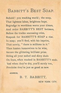 New York NY Babbitt's Best Soap 1880's 3.2 x 4.7 Tradecard