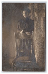RPPC Attractive Woman in Black Standing w Chair Studio View UNP Postcard U7