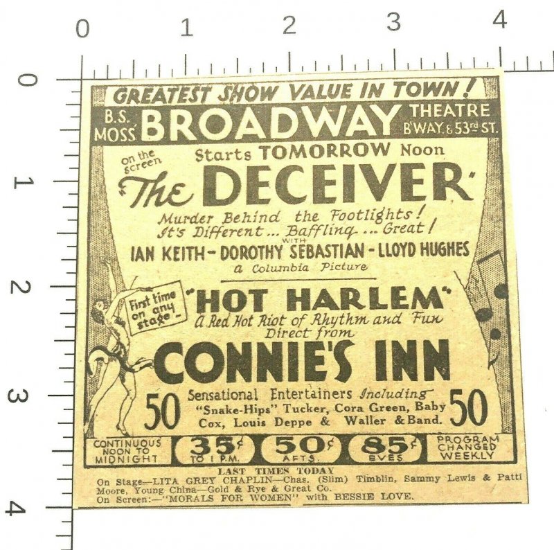 1930 - CONNIES INN - HOT HARLEM CORA GREEN BABY COX JAZZ  SHOW MUSIC THEATER Ad 