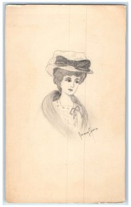 c1905 Pretty Woman Bow Ribbon Hat Hand Drawn Pencil Art Florence Steele Postcard