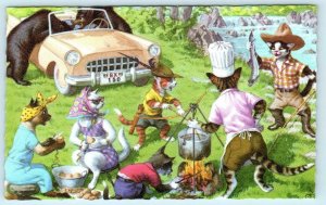 MAINZER DRESSED CATS Camping, Fishing, Picnic Bears #4922 Belgium Postcard