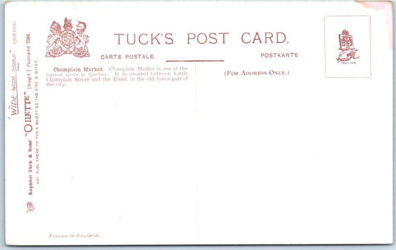 2 Postcards  QUEBEC, CANADA ~ CHAMPLAIN MARKET, CHATEAU FRONTENAC Tuck c1910s