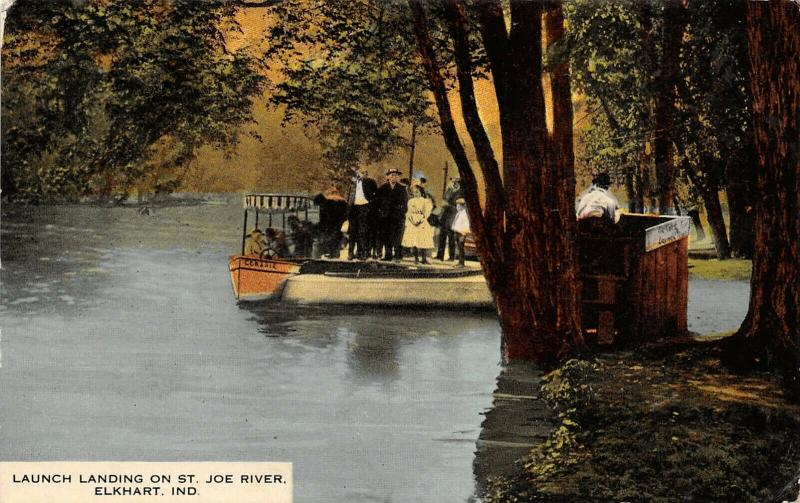 Elkhart Indiana~St Joe River~Excursion Launch Landing~Man in Booth~1908 Postcard 