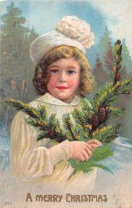 J40/ Merry Christmas Postcard c1910 Pretty Girl Pine Christmas Tree 132