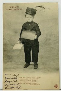 1903 Little Boy in Uniform Traditional Wishes Beaucaire Gard France Postcard I16