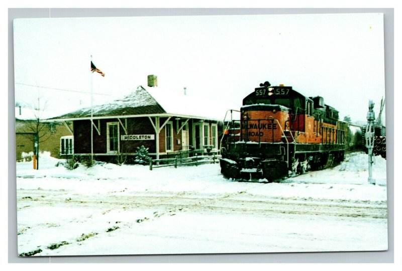 Vintage 1980 Postcard Locomotive at Milwaukee Road Depot Middleton Wisconsin