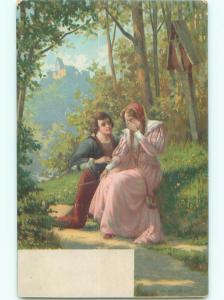 Unused Pre-1907 foreign GIRL IN PINK DRESS CRIES AT SMALL FOREST CHAPEL J4262