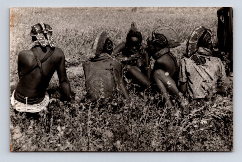 Postcard Africa Angola? Native Group Traditional Head Dress RPPC Real Photo  ...