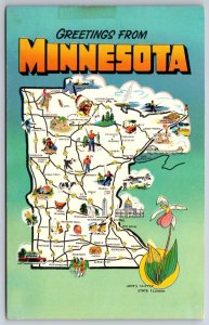 State Maps~Greetings From Minnesota~Ladys Slipper Flower~Foley~Vintage Postcard