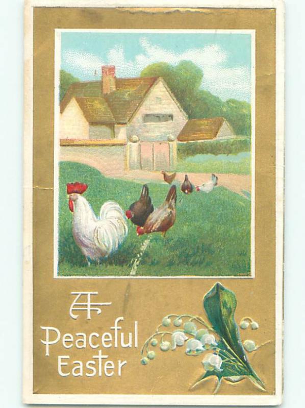 Pre-Linen easter CHICKENS WITH LILY OF VALLEY FLOWERS k2575