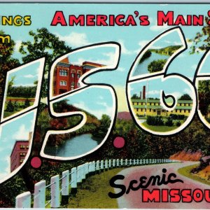 1945 Greetings MO US Route 66 Large Bubble Letters Scenic Missouri Teich PC A219