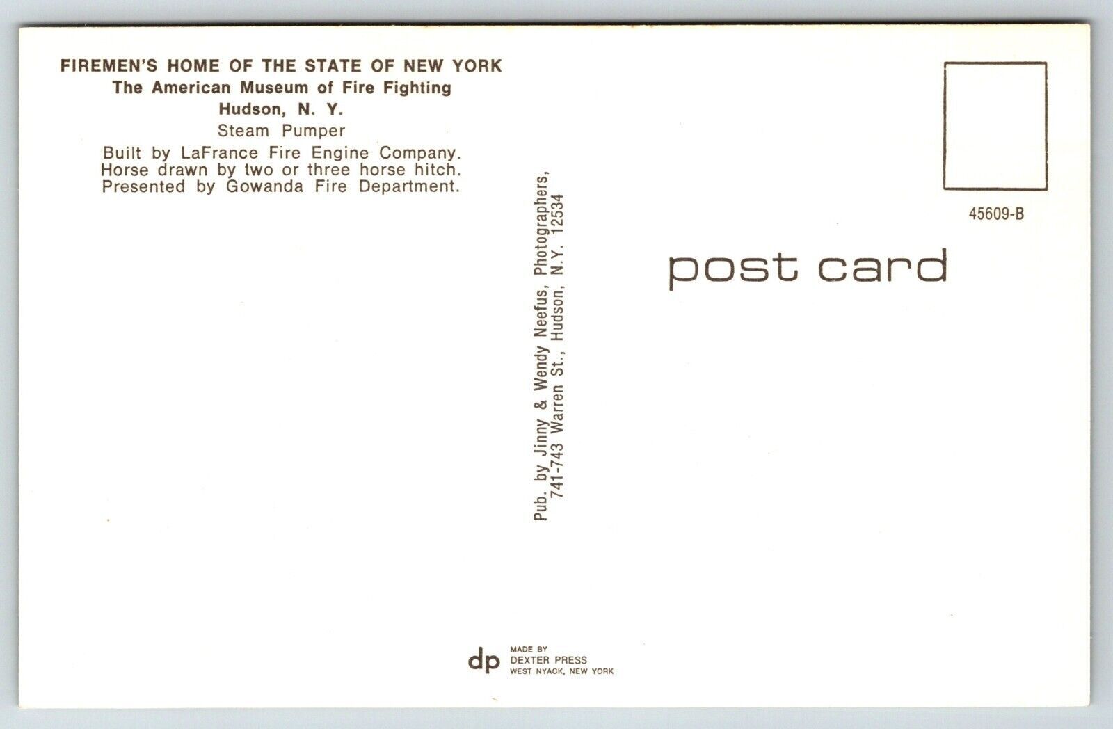 Fire Truck Engine Fireman Postcard Firemen's Home New York Hudson