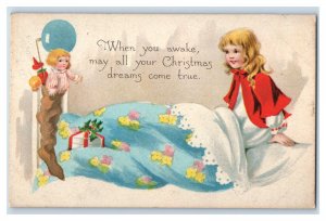 c. 1910 Cute Kid Stocking Dolls Christmas Holly Postcard P43E