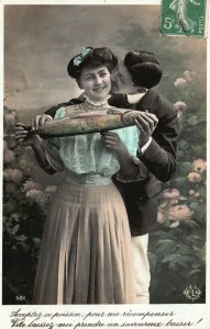 Couple Accept this Fish Let Me Take Tasty Kiss France FR Vintage Postcard c1910