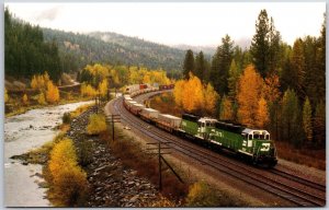 Burlington Northern Railroad GP-39V #2979 & #2964 Autumn Colors Train Postcard