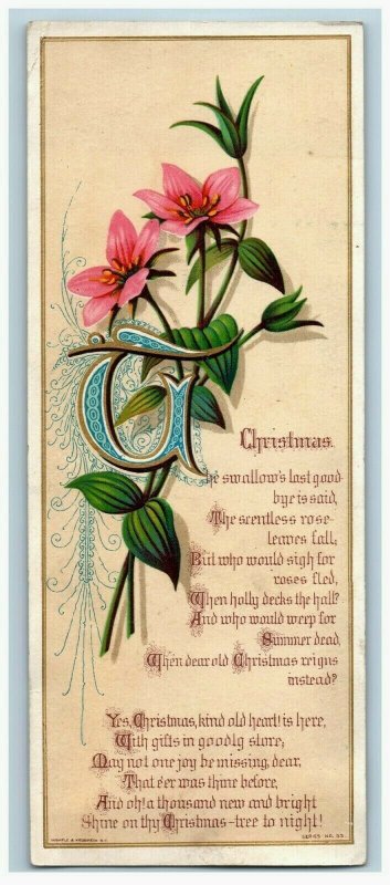 1880s Victorian Christmas Card Poem Pink Lilies Fab! #5C 