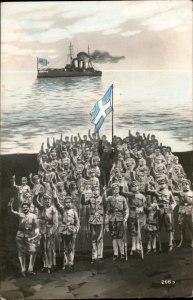 Greece Navy Soldiers & Ship Georgios Averof? Tinted Real Photo Vintage Postcard