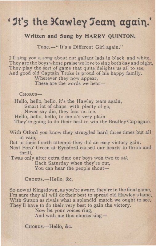 Hawley Hampshire Football Club Soccer Song Antique Postcard