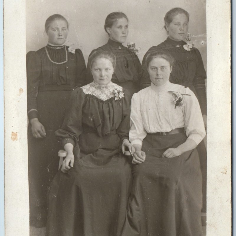 c1910s Cute Swedish Group Women RPPC Light Blue Eye Nordic Girl Photo Kjerp A258