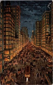 Postcard Night View of State Street South From Washington in Chicago, Illinois