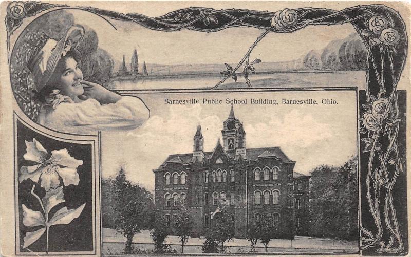 E68/ Barnesville Ohio Postcard 1910 Fancy Border Woman School Building