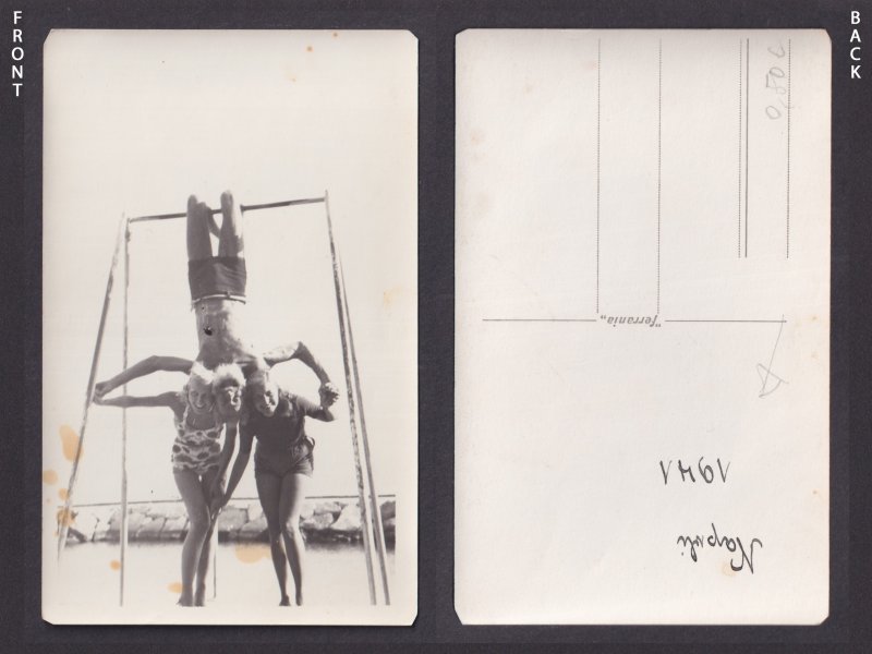 Vintage postcard GERMANY RPPC Girls and a man on the beach Horizontal bar
