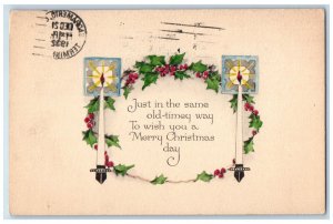 1932 Christmas Minimalist Berries Candles Sacramento California CA Postcard