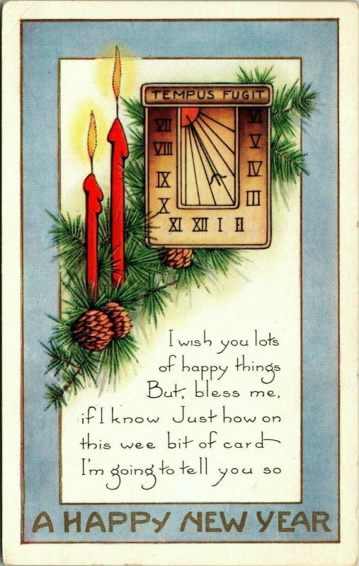 Vintage 1910's Tempus Fugit Time Flies Clock Candles Happy New Year Postcard