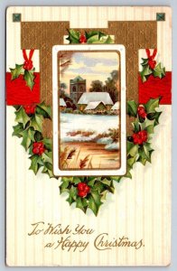 I Wish You A Happy Christmas, Holly, Rural Church Scene, Antique 1909 Postcard