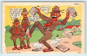 RAY WALTERS Army Comic SOLDIER with Lots of Mail Don Juan USA-17 c1940s Postcard