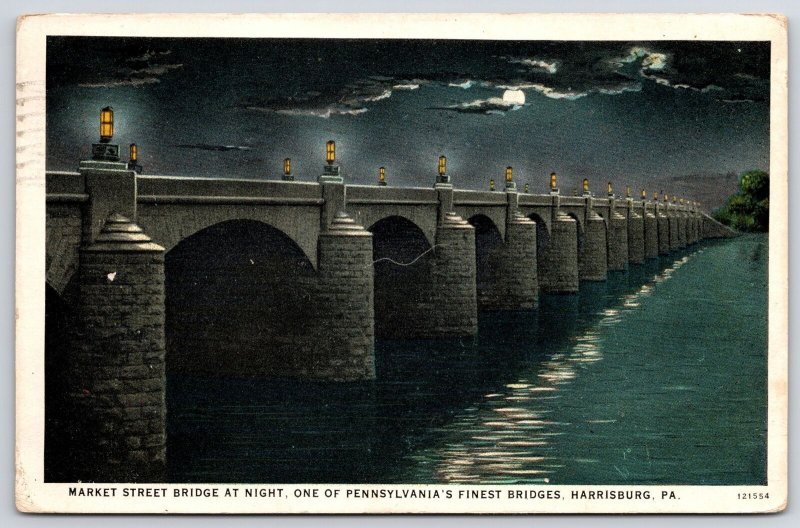 1928 Market Street Bridge At Night Harrisburg Pennsylvania PA Posted Postcard