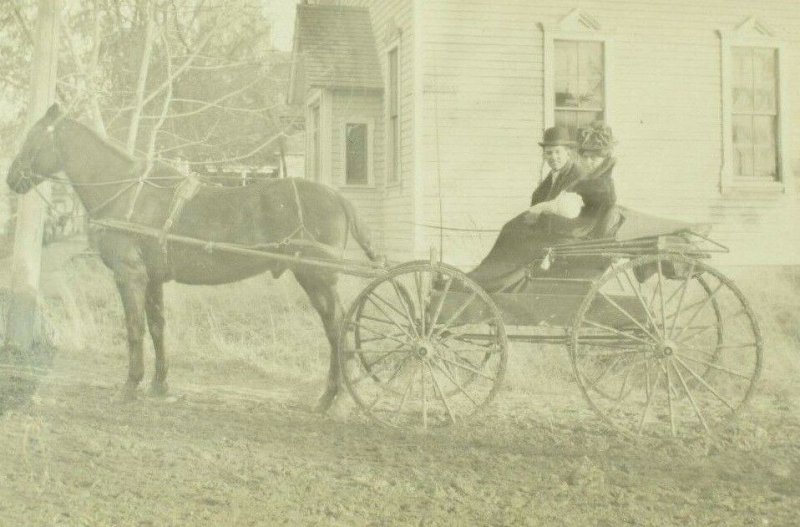 C.1910 RPPC Parents w/ Sleeping Baby In Horse Drawn Buggy Street Postcard P36