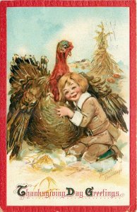 c1910 Brundage Thanksgiving Child Turkey greeting #130 Postcard 25-11183